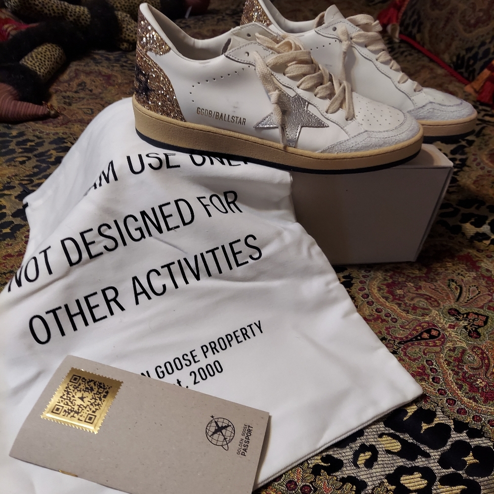 Golden Goose Ball Star White and Gold Glitter Athletic Shoes - Picture 2 of 7